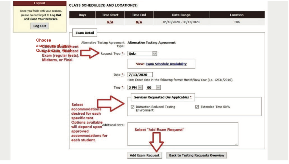 Screenshot of an assessment request page detailing options for test type, date, time, and services requested. Red arrows highlight steps for selecting exam type and services, submitting the request, and connecting with a proctor to ensure a smooth testing process.